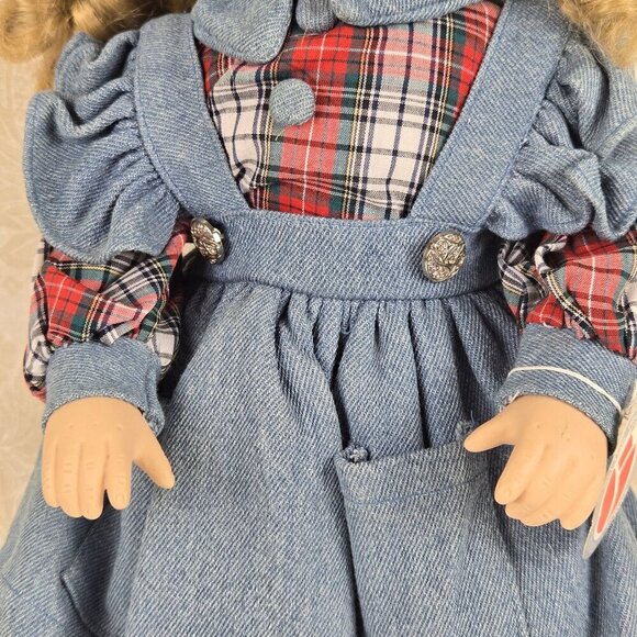 Vintage Delton Porcelain Doll Blue Eyes Blond Ringlets Denim Jumper Plaid Dress - Picture 4 of 16